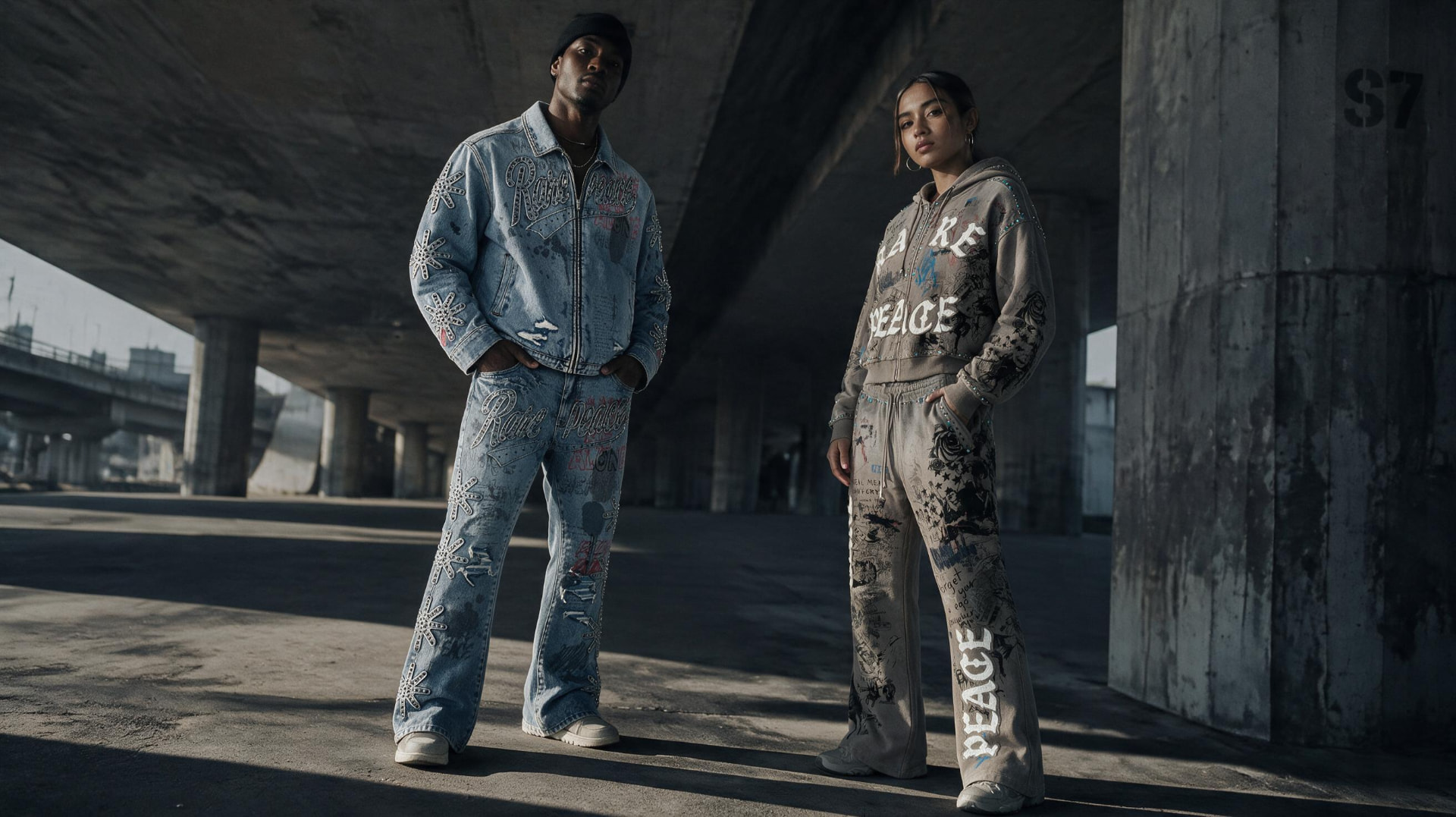 Two models in oversized denim and cream cargo pants under a concrete underpass