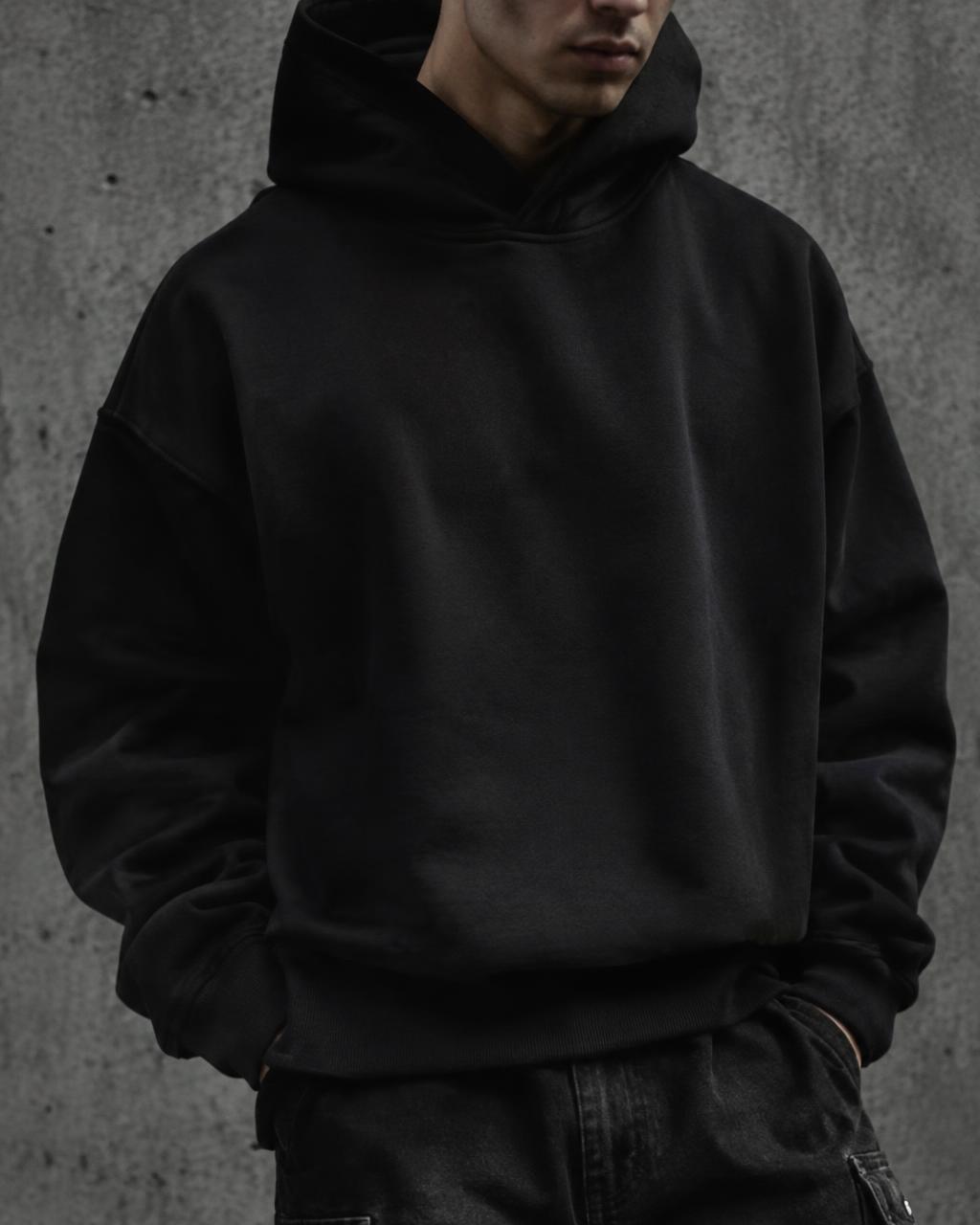 Sample product photo: heavyweight boxy hoodie in black